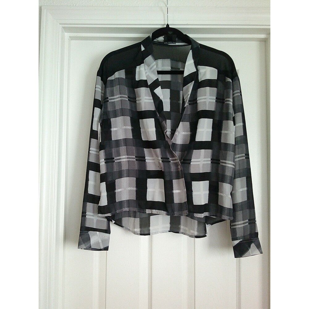 Sheer Checked Cropped Long Sleeve Office L Blouse